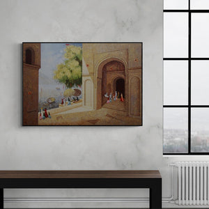 Preview of 'Banaras Ghats 2 (Life on the Ganges)' Painting by Basavaraj Nalakar shown on a wall in a furnished room.