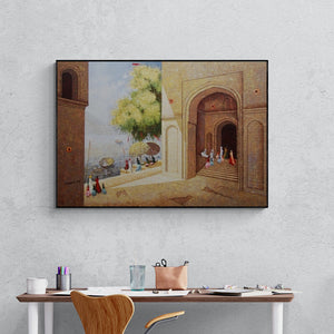 In-situ view of Basavaraj Nalakar's 'Banaras Ghats 2 (Life on the Ganges)' painting in a room
