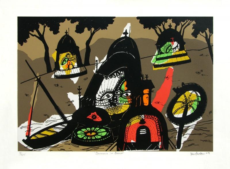 Cityscape serigraphs painting titled 'Banaras In Brown', 20x27 inches, by artist Manu Parekh on Paper
