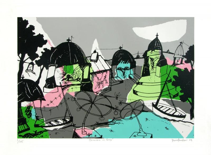 Cityscape serigraphs painting titled 'Banaras In Gray', 20x27 inches, by artist Manu Parekh on Paper