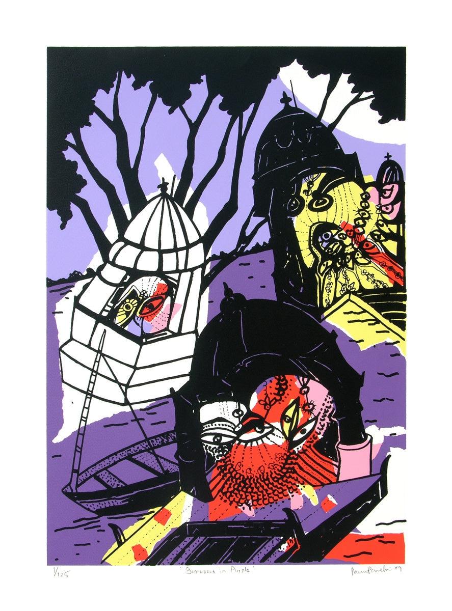 Cityscape serigraphs painting titled 'Banaras In Purple', 20x27 inches, by artist Manu Parekh on Paper