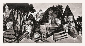 Banaras In Winter (Banaras in Black and White) by Manu Parekh, Serigraph Serigraphs Cityscape Painting on Paper, X-Large Horizontal Wall Art