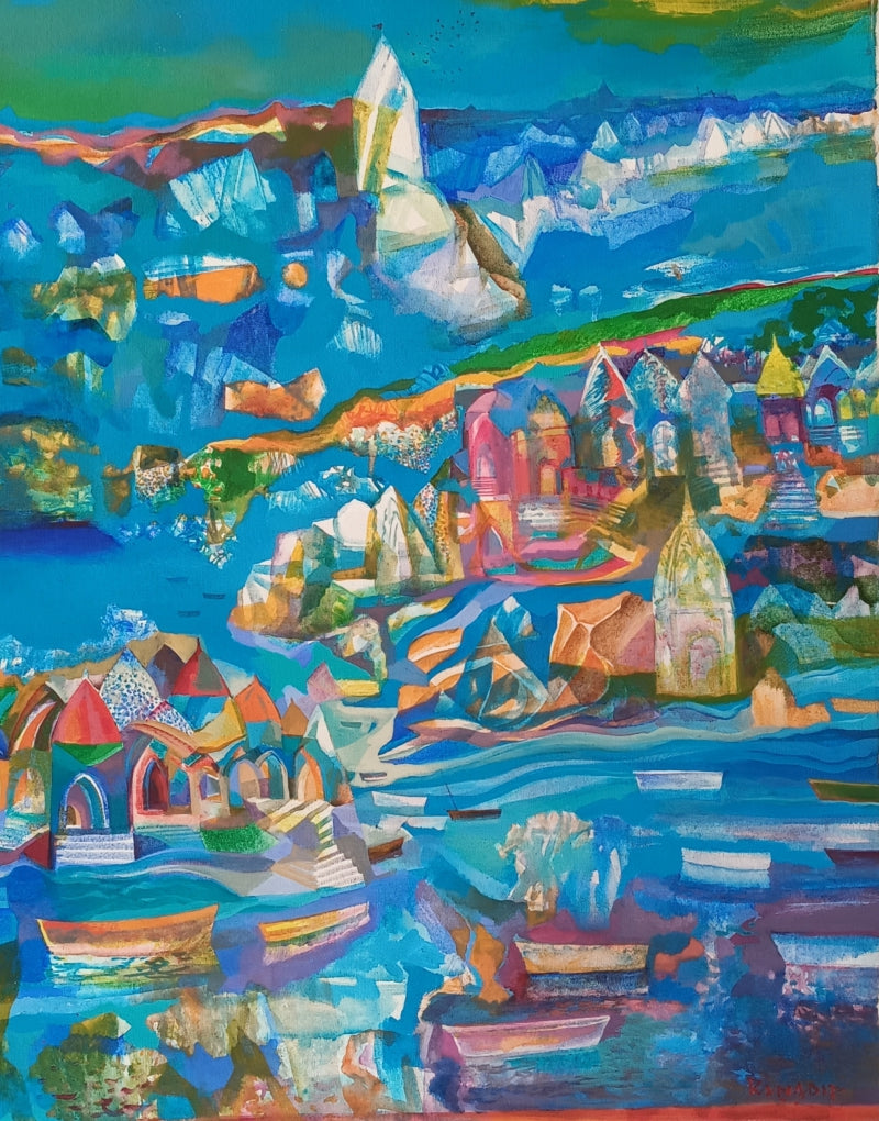 Banaras Series 1' religious acrylic painting by artist Ranadip Mukherjee, 30x24 inch, on canvas