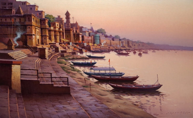 'Banaras Series 1' religious acrylic painting by artist Siddharth Gavade, 22x36 inch, on canvas