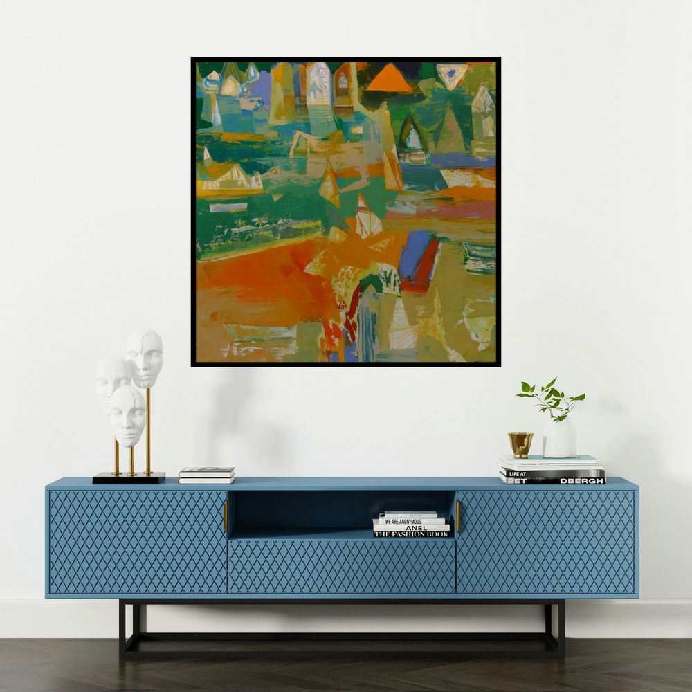 'Banaras Series 1 (Urban Oasis)' painting by Ranadip Mukherjee shown on a wall in a furnished room.