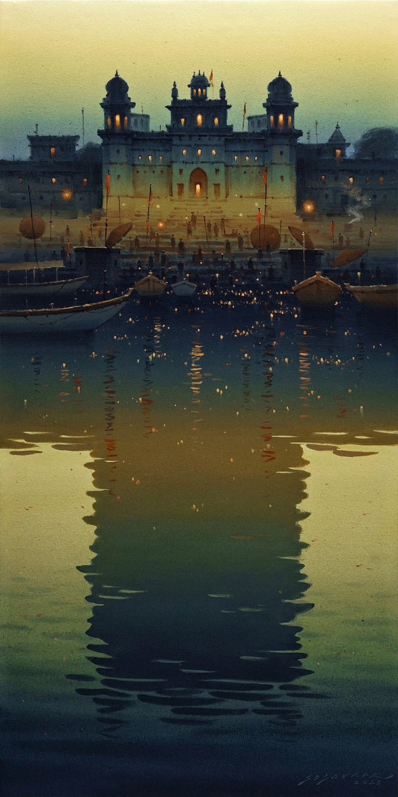'Banaras Series 13' religious acrylic painting by artist Siddharth Gavade, 36x18 inch, on canvas