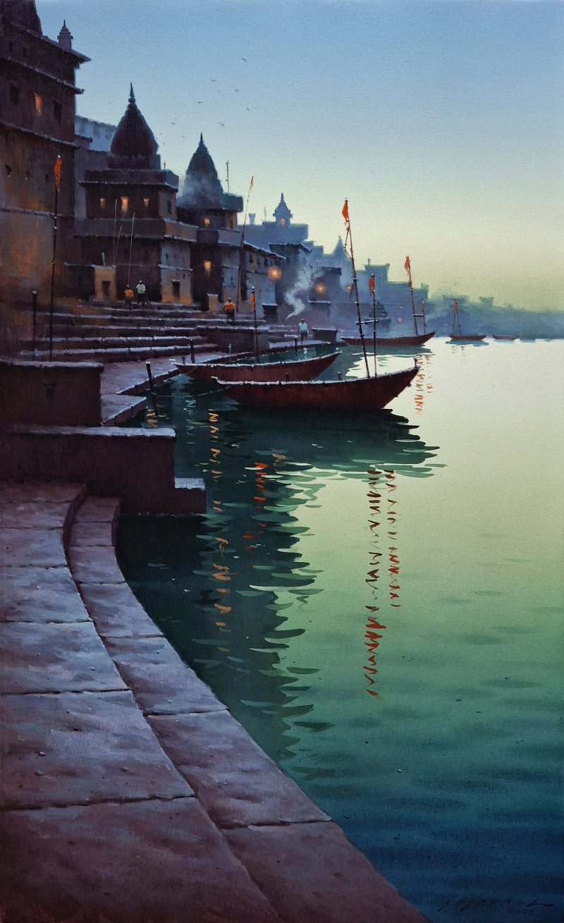 'Banaras Series 15' religious acrylic painting by artist Siddharth Gavade, 36x22 inch, on canvas