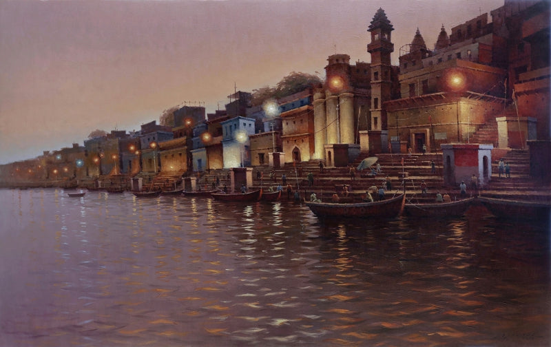 'Banaras Series 16' religious acrylic painting by artist Siddharth Gavade, 34x54 inch, on canvas