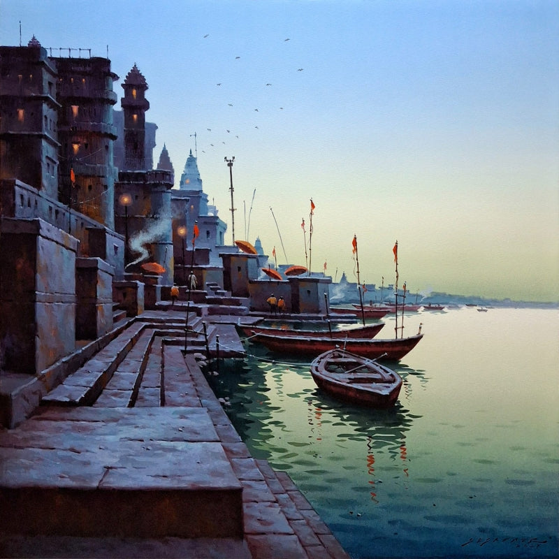 'Banaras Series 2' religious acrylic painting by artist Siddharth Gavade, 30x30 inch, on canvas