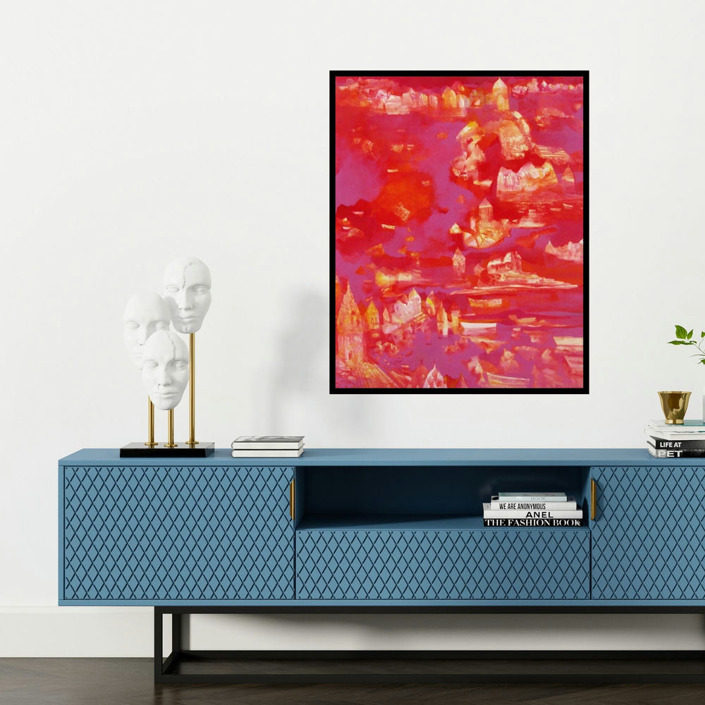 'Banaras Series 6 (Crimson Dawn)' painting by Ranadip Mukherjee shown on a wall in a furnished room.