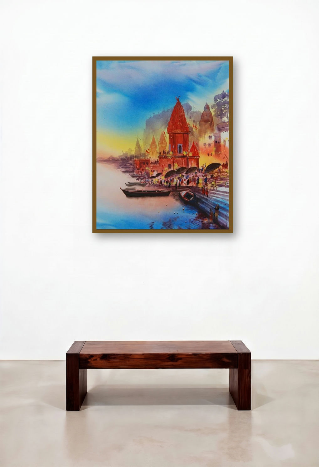 Banaras Temple (Dawn on the Ganges) by artist Anand Bekwad displayed in a Urban Loft Study