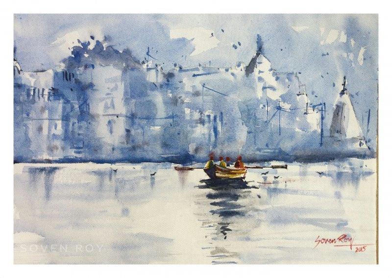 Landscape watercolor painting titled 'Banaras The holy place', 14x10 inches, by artist Soven Roy on Paper