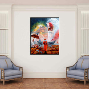 'Banarash Ghat 3' painting by Arjun Das shown on a wall in a furnished room.