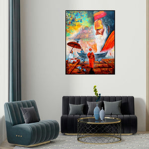 Arjun Das's 'Banarash Ghat 3' painting visualized above a sofa in a contemporary room.