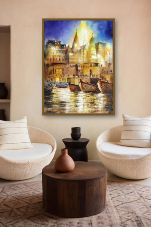 Banars Beauty (Varanasi Night) by artist Sanjay Dhawale displayed in a Luxury gallery