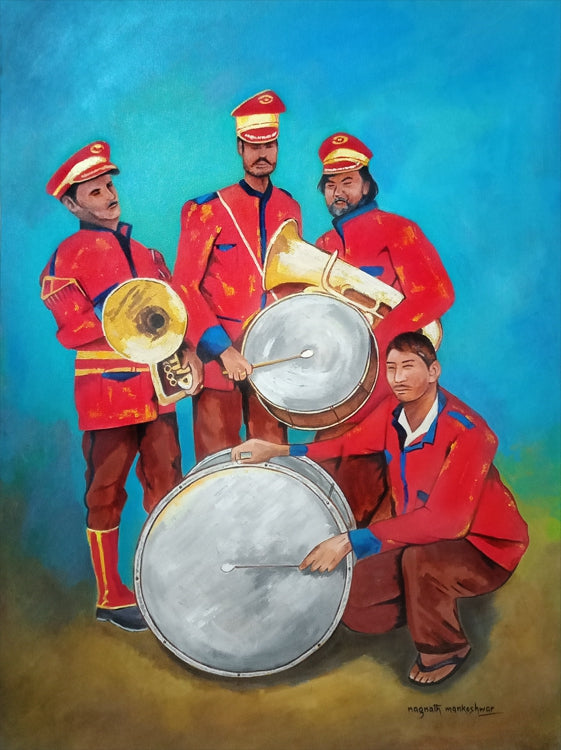 Band Of Four' figurative acrylic painting by artist Nagnath Mankeshwar, 40x30 inch, on canvas