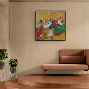 Chandramohan Kulkarni's painting 'Bandwallah 2 (Divine Journey)' displayed in a modern living room setting