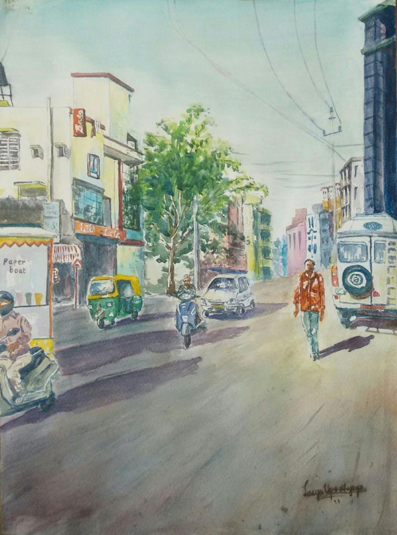Cityscape watercolor painting titled 'Bangalore Cityscape 1', 12x16 inches, by artist Lasya Upadhyaya on Paper