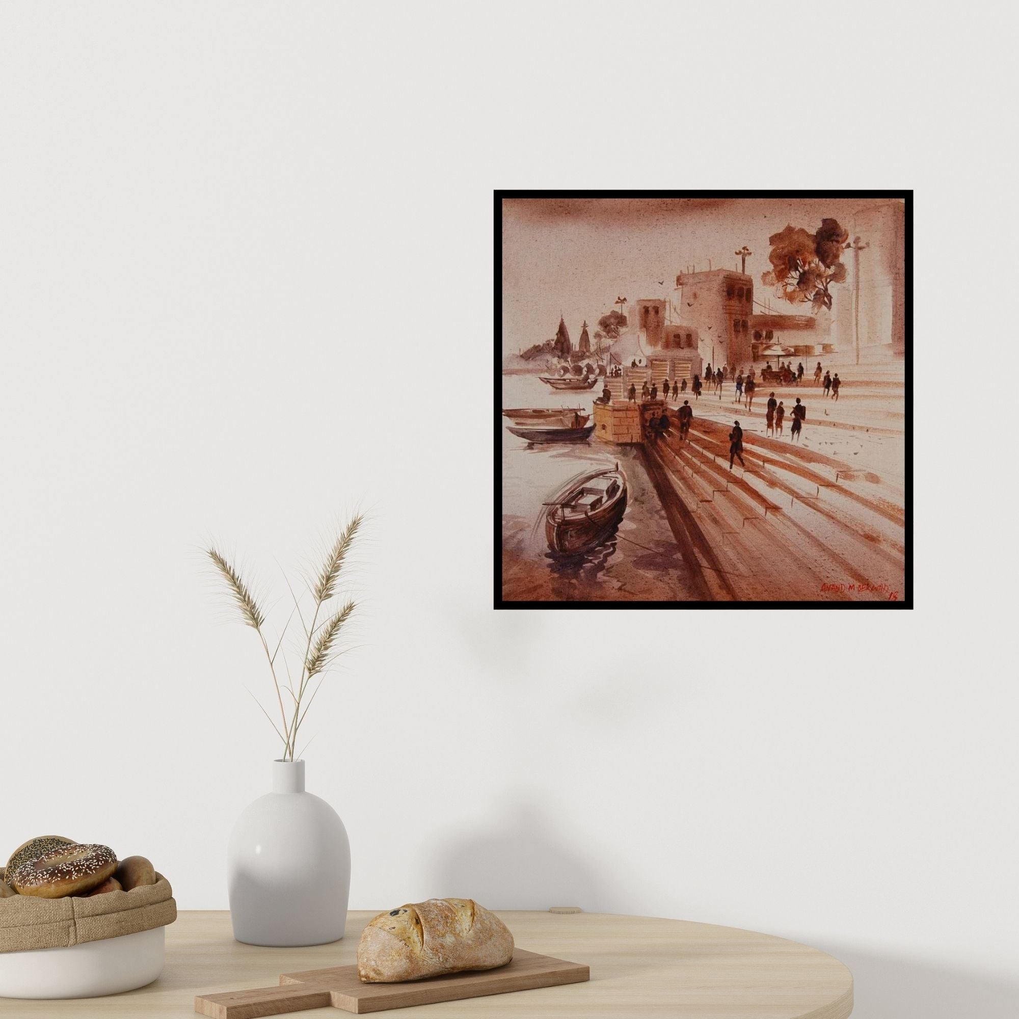 In-situ view of Anand Bekwad's 'Banras Ghat 3 (Life on the Ganges)' painting in a room