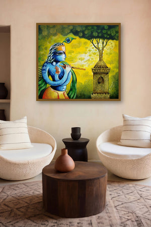 Bansidhar 46 (Krishna's Life-Giving Melody) by artist Ramchandra B Pokale displayed in a Contemporary Exhibition gallery
