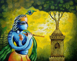 Bansidhar 46 (Krishna's Life-Giving Melody) by Ramchandra B Pokale, Original Acrylic Religious Painting on Canvas, Medium Horizontal Wall Art