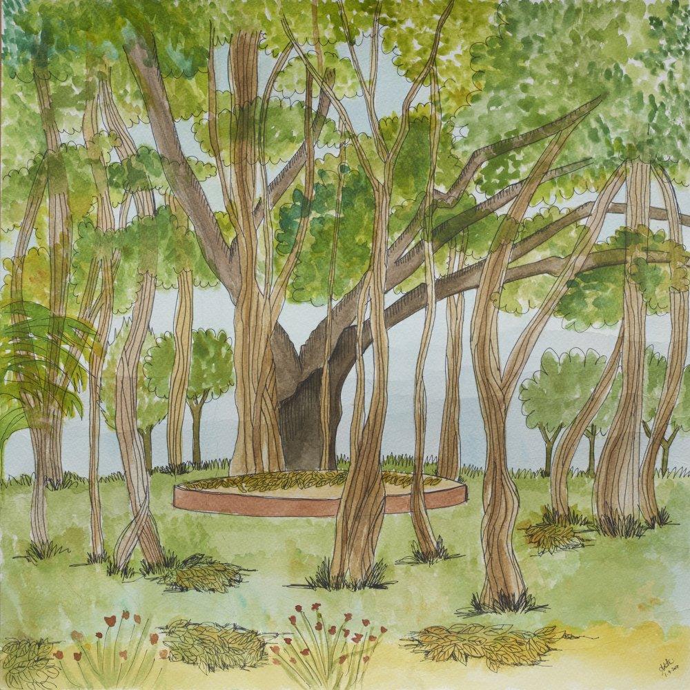 Nature watercolor artcontent titled 'Banyan Tree', 18x18 inches, by artist Adithi Khandadi on paper