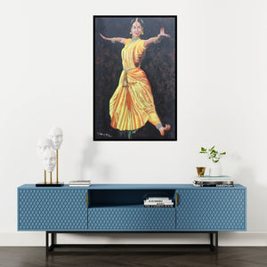Preview of 'Barathanatyam' Painting by Vignesh Kumar shown on a wall in a furnished room.