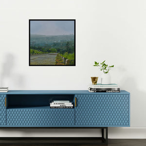 Preview of 'Barki (A Misty Morning)' Painting by Mangesh Shinde shown on a wall in a furnished room.