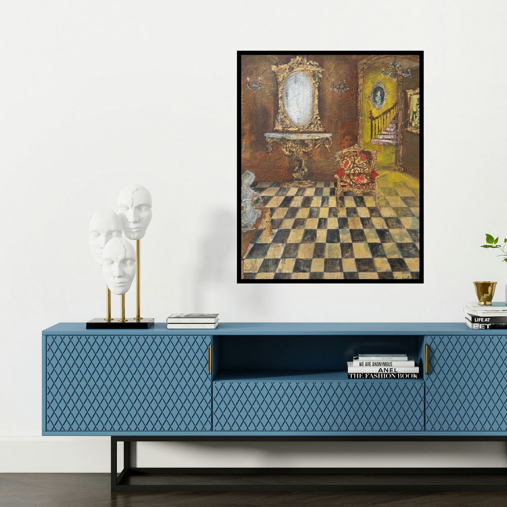'Baroque 3' painting by Sheetal Singh shown on a wall in a furnished room.