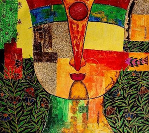 Basanti Ix (Radiant Spirit) by Meenakshi Jha Banerjee, Original Acrylic Figurative Painting on Canvas, Medium Horizontal Wall Art
