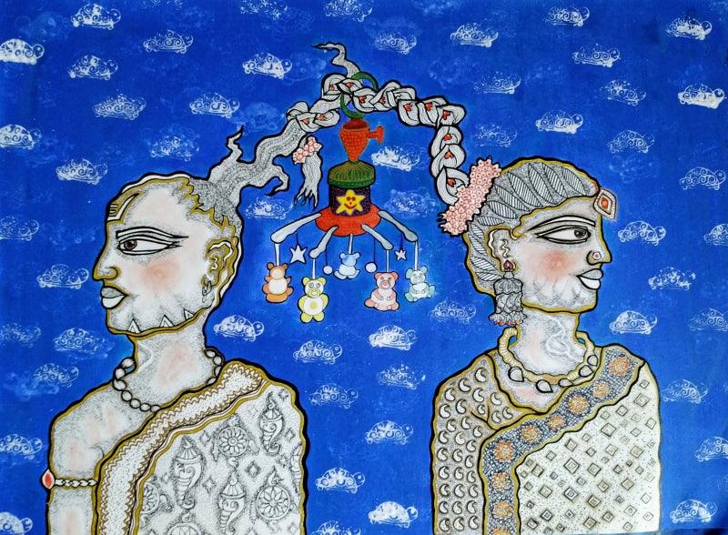 Figurative mixed media painting titled 'Basera', 24x36 inches, by artist Runa Biswas on Canvas