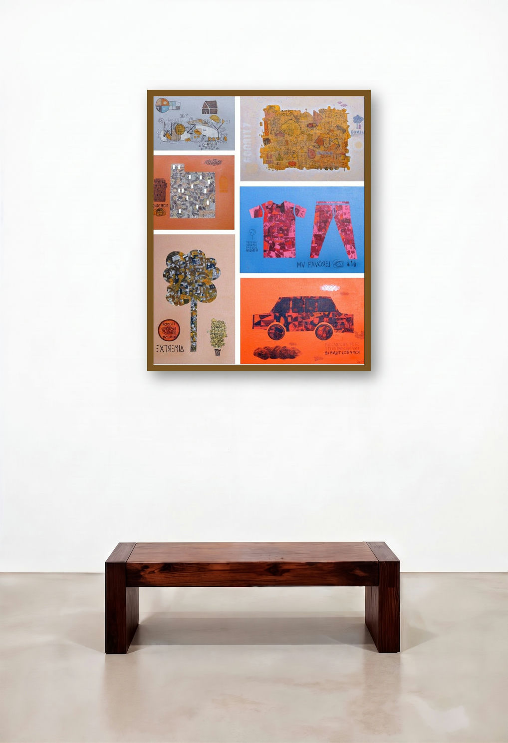 Basics (Urban Narratives: A Collage of Modern Life) by artist Bhuneshwar Azaad displayed in a Modern Bedroom