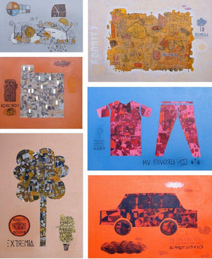 Basics (Urban Narratives: A Collage of Modern Life) by Bhuneshwar Azaad, Original Mixed Media Abstract Painting on Canvas, Medium Vertical Wall Art