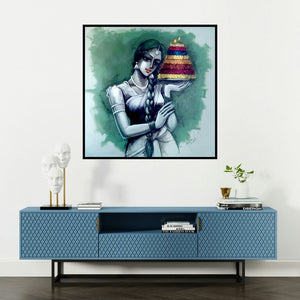 'Bathukamma (Offering of Light)' painting by Shravan Kumar shown on a wall in a furnished room.