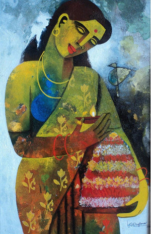 Bathukamma by Appam Raghavendra, Original Acrylic Figurative Painting on Canvas, Small Vertical Wall Art