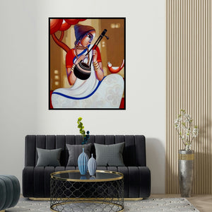 'Baul 10' painting by Sekhar Roy shown on a wall in a furnished room.