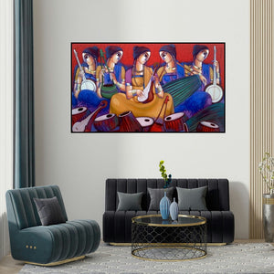 Sekhar Roy's 'Baul 7 (Baul Musician)' painting visualized above a sofa in a contemporary room.