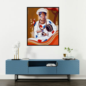 Sekhar Roy's 'Baul 9' painting visualized above a sofa in a contemporary room.