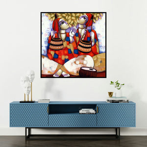 'Baul' painting by Sekhar Roy shown on a wall in a furnished room.