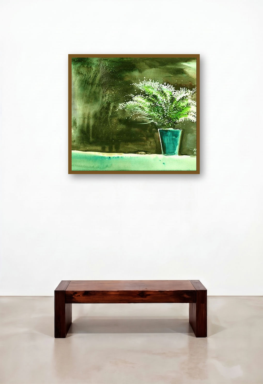 Bay Window Plant by artist Anil Nene displayed in a Mid-Century Modern Library