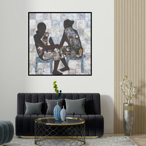 Harshada Kolapkar's 'Bazar (The Dance of Joy)' painting visualized above a sofa in a contemporary room.