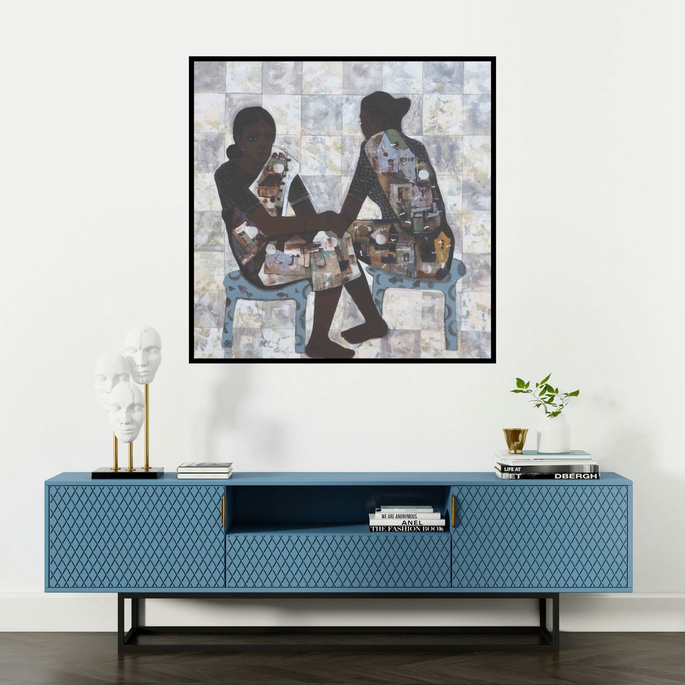 'Bazar (The Dance of Joy)' painting by Harshada Kolapkar shown on a wall in a furnished room.