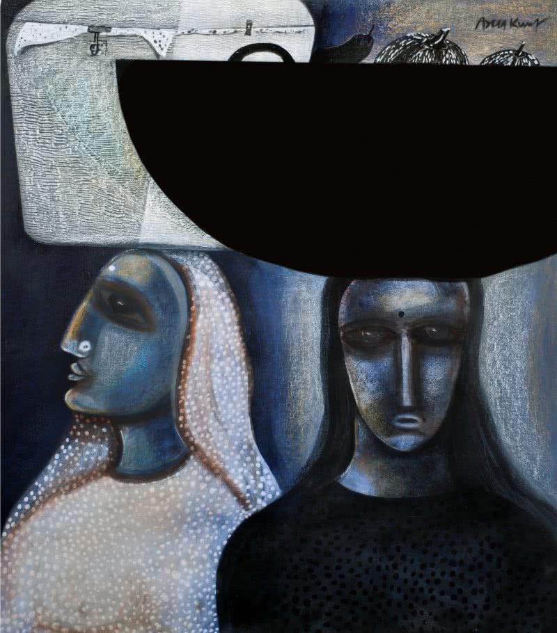 Figurative acrylic painting titled 'Bazar', 36x32 inches, by artist Arun K Mishra on Canvas