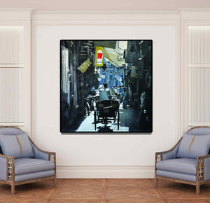 Preview of 'In The Bazzar' Painting by Ajit Deswandikar shown on a wall in a furnished room.