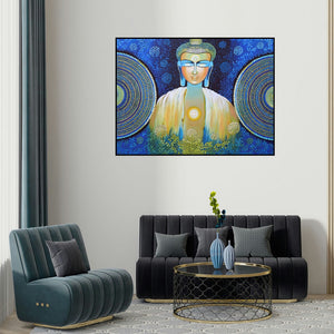 Nitu Chhajer's 'Be A Buddha (Buddha in Red and Gold)' painting visualized above a sofa in a contemporary room.