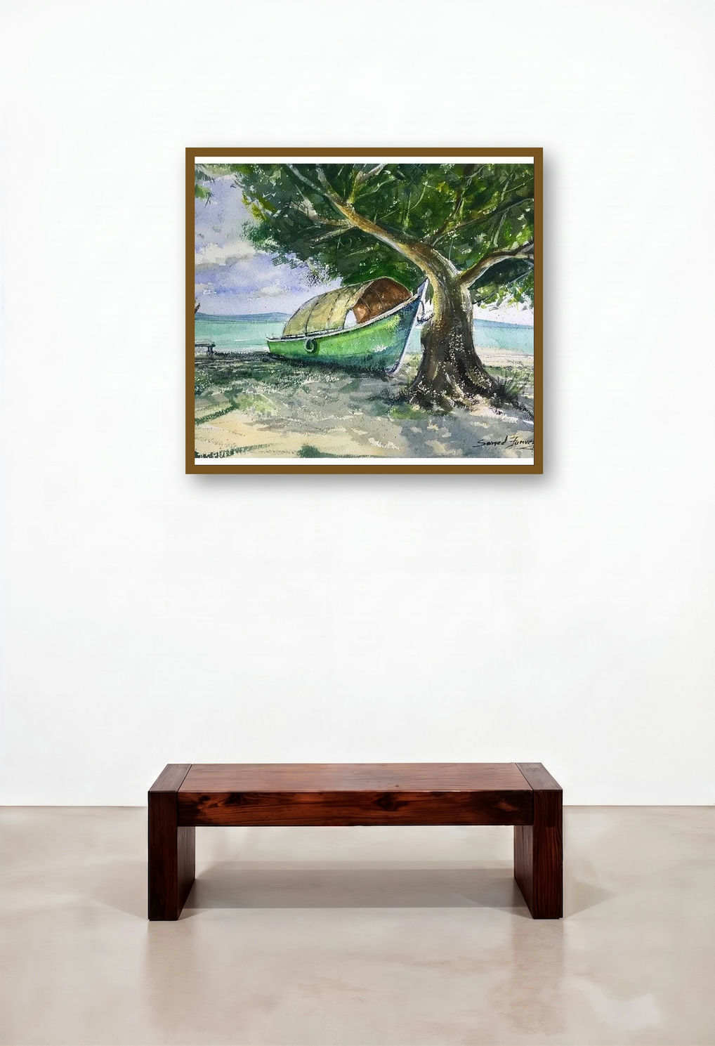 Beach (Tranquil Harbor) by artist Ks Farvez displayed in a Scandinavian Bedroom