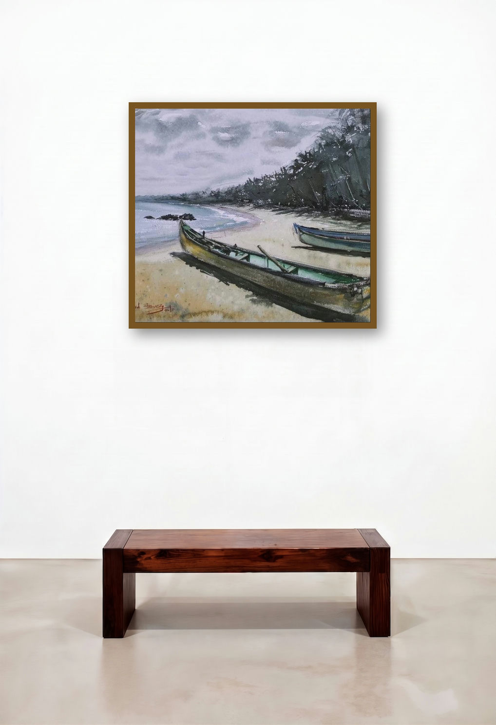 Beach Boat Mood (Coastal Tranquility) by artist Ks Farvez displayed in a Coastal Lounge