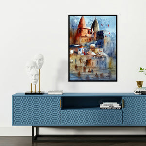 'Beautiful Banaras (Sacred Steps)' painting by Sanjay Dhawale shown on a wall in a furnished room.