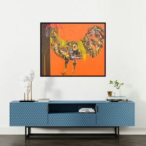 Abhiram Bairu's 'The Beautiful Hen (Radiant Rooster)' painting visualized above a sofa in a contemporary room.