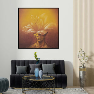 Nilesh Vede's 'Beautiful Mind (The Flower Within)' painting visualized above a sofa in a contemporary room.